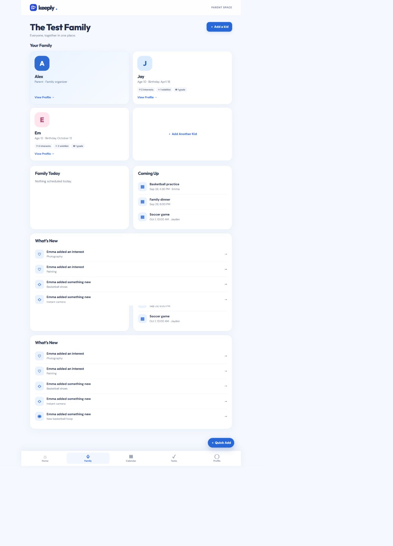 Example Keeply family dashboard with parent and child profiles, upcoming activities, and recent updates
